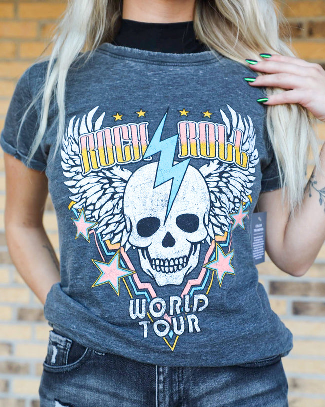 “KC” Grey Rock & Roll World Tour Graphi Tee - The Lace Cactus