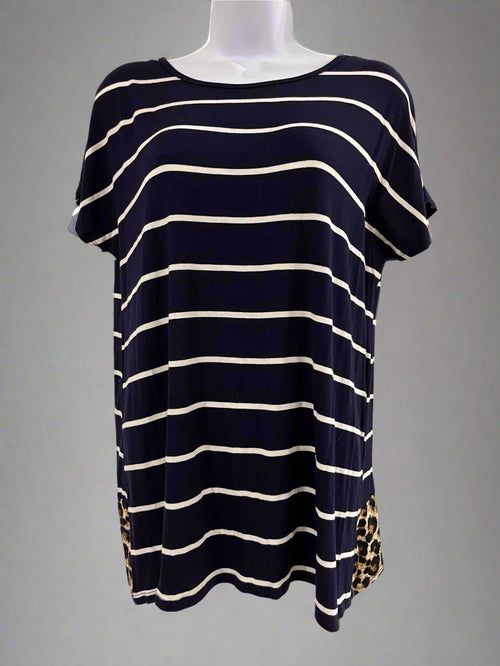 "KC" Navy Stripe Leopard Open Back Tee: Small