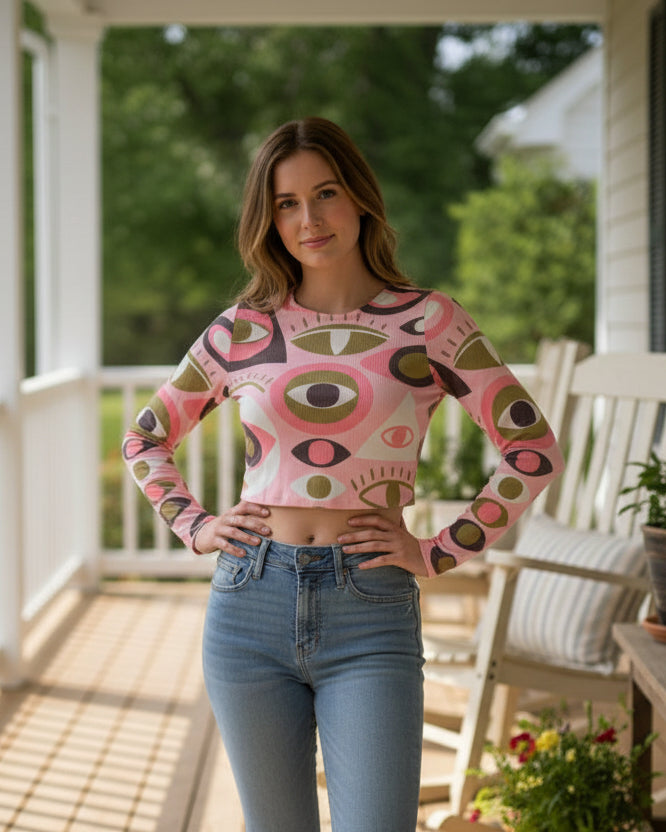 "KC" Pink Eye Crop Top: Small