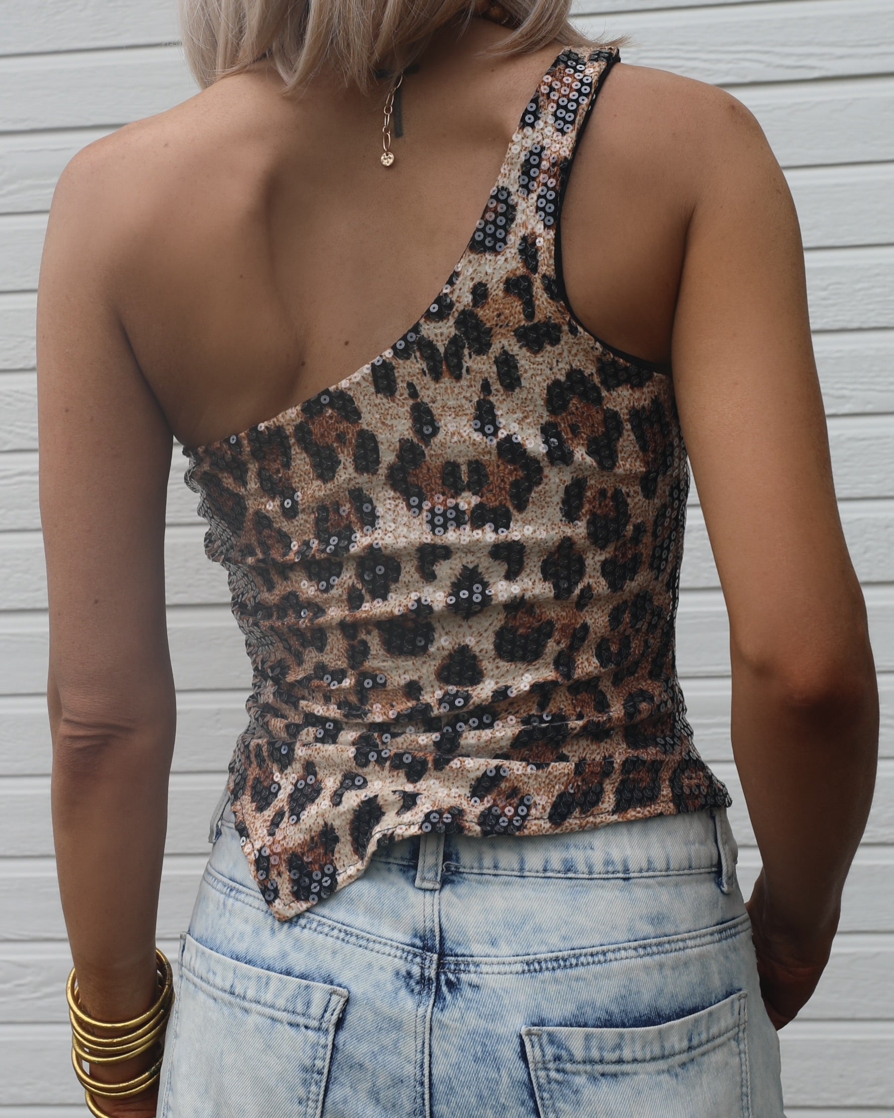 Friday Nights Leopard Sequin One Shoulder Top