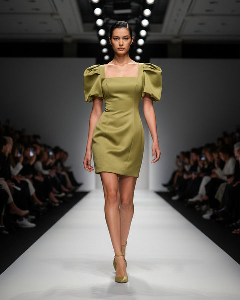 "KC" Olive Crepe Puffed Sleeve Bodycon Dress (NWT): Xsmall