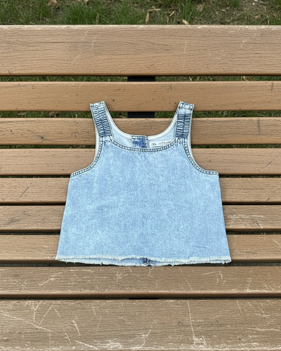 "KC' Denim Button Back Crop Tank: Small