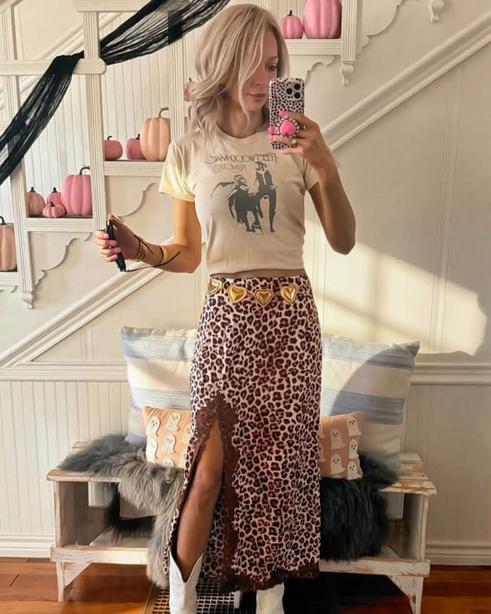 Leopard Silk with Lace Trim Slit Skirt
