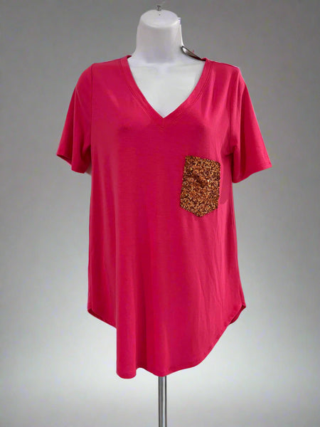 "KC" Hot Pink V-Neck Copper Sequin Pocket Top: Small