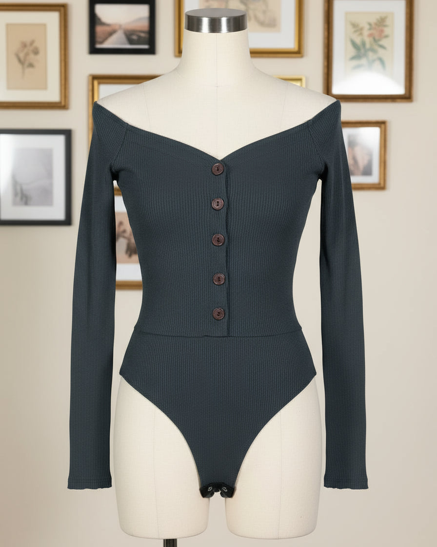 "KC" Fashion Nova Dark Green Buttoned Bodysuit: Small