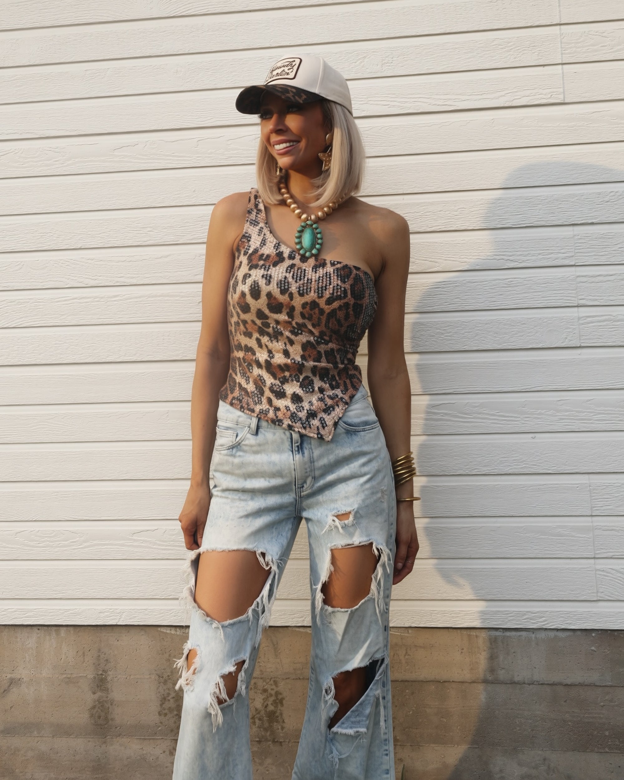 Friday Nights Leopard Sequin One Shoulder Top