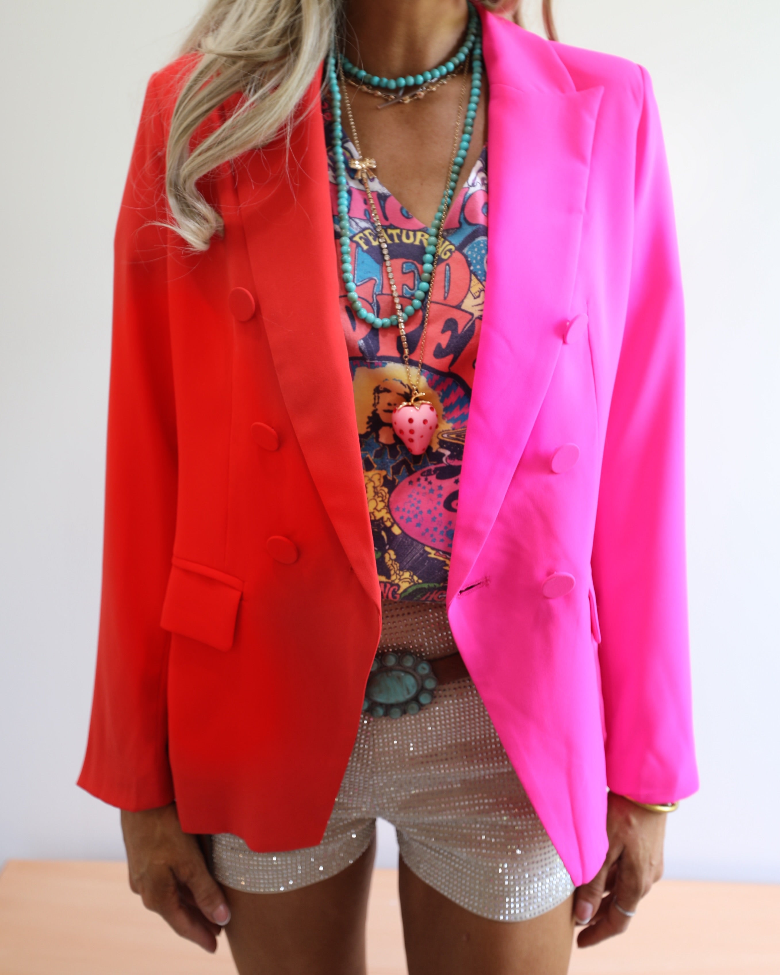 Ultra Hot Pink & Red Colorblock Blazer