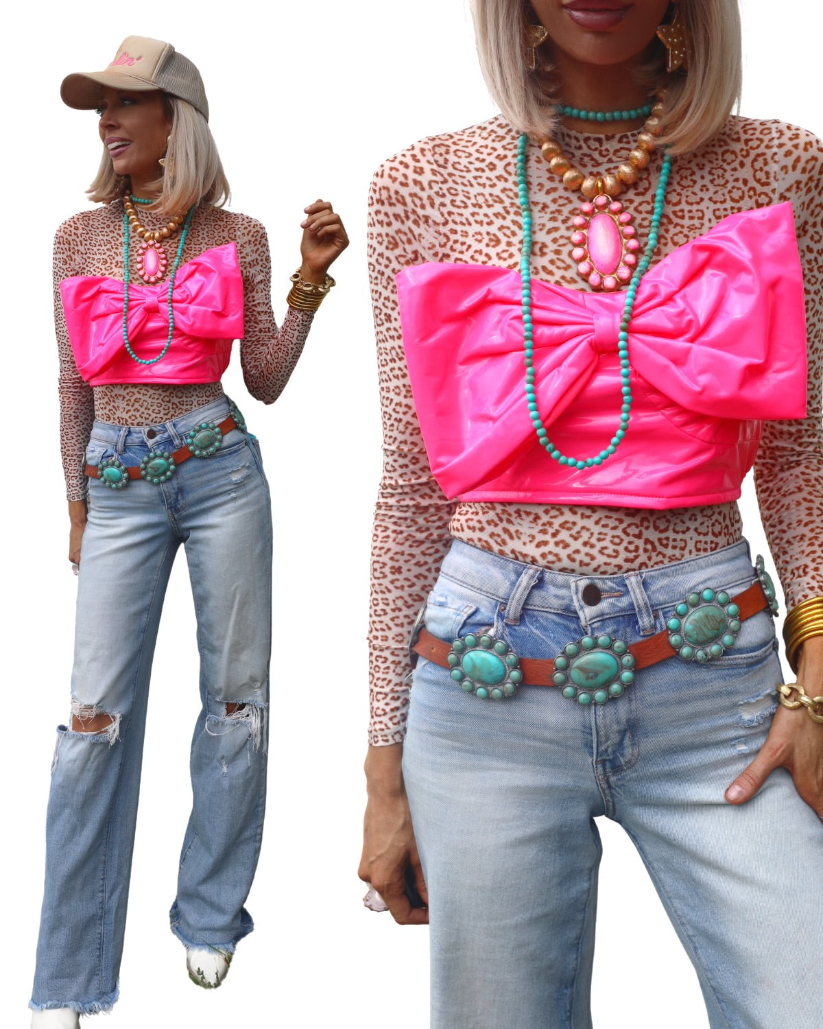 Neon Pink Bow Leather Top