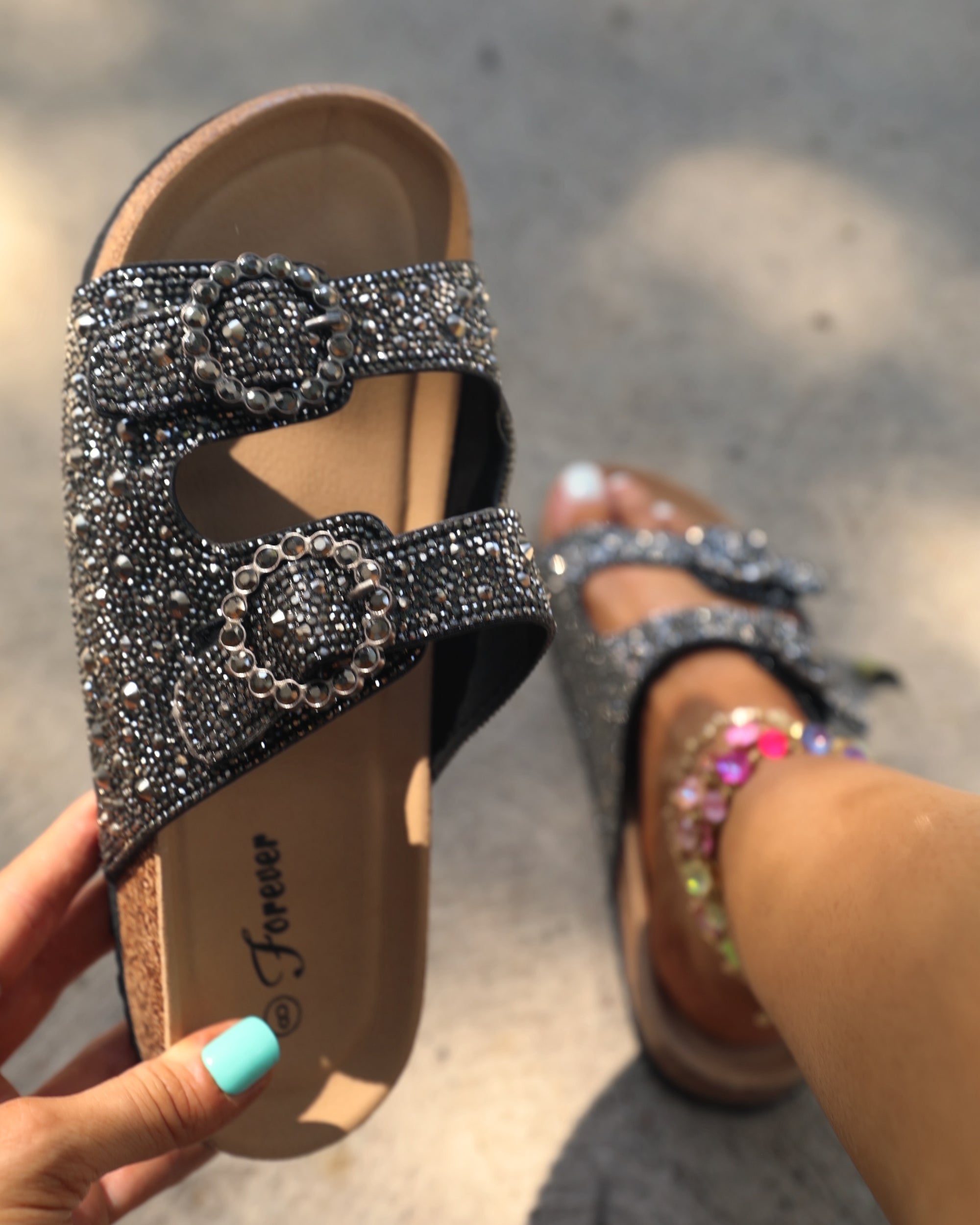 Black Rhinestone Slide Sandals