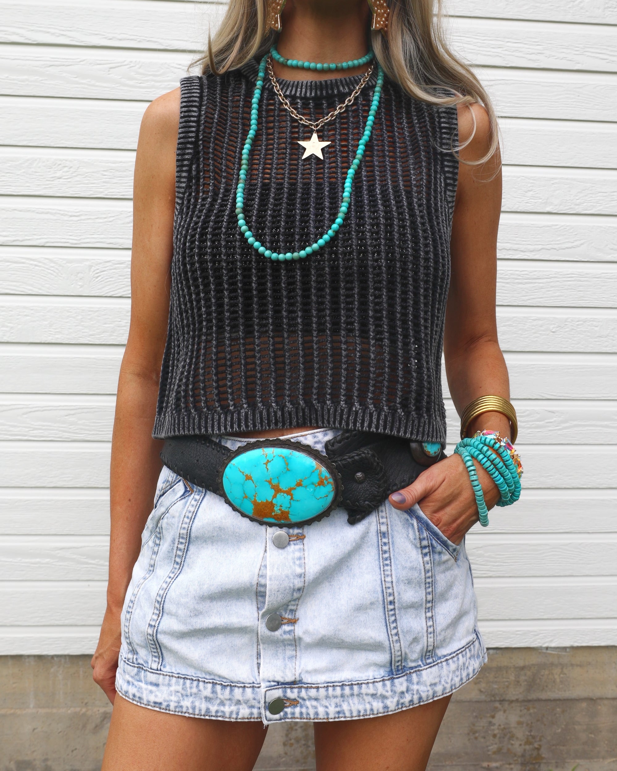 Crochet Acid Wash Black Tank