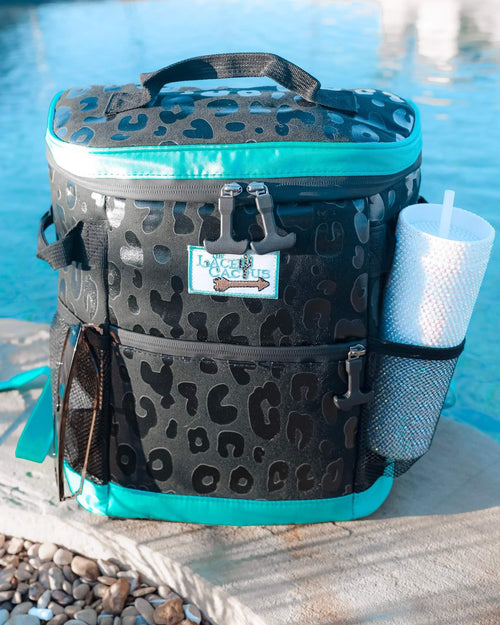 #25 Turquoise + Black Leopard Backpack Cooler Bag - The Lace Cactus