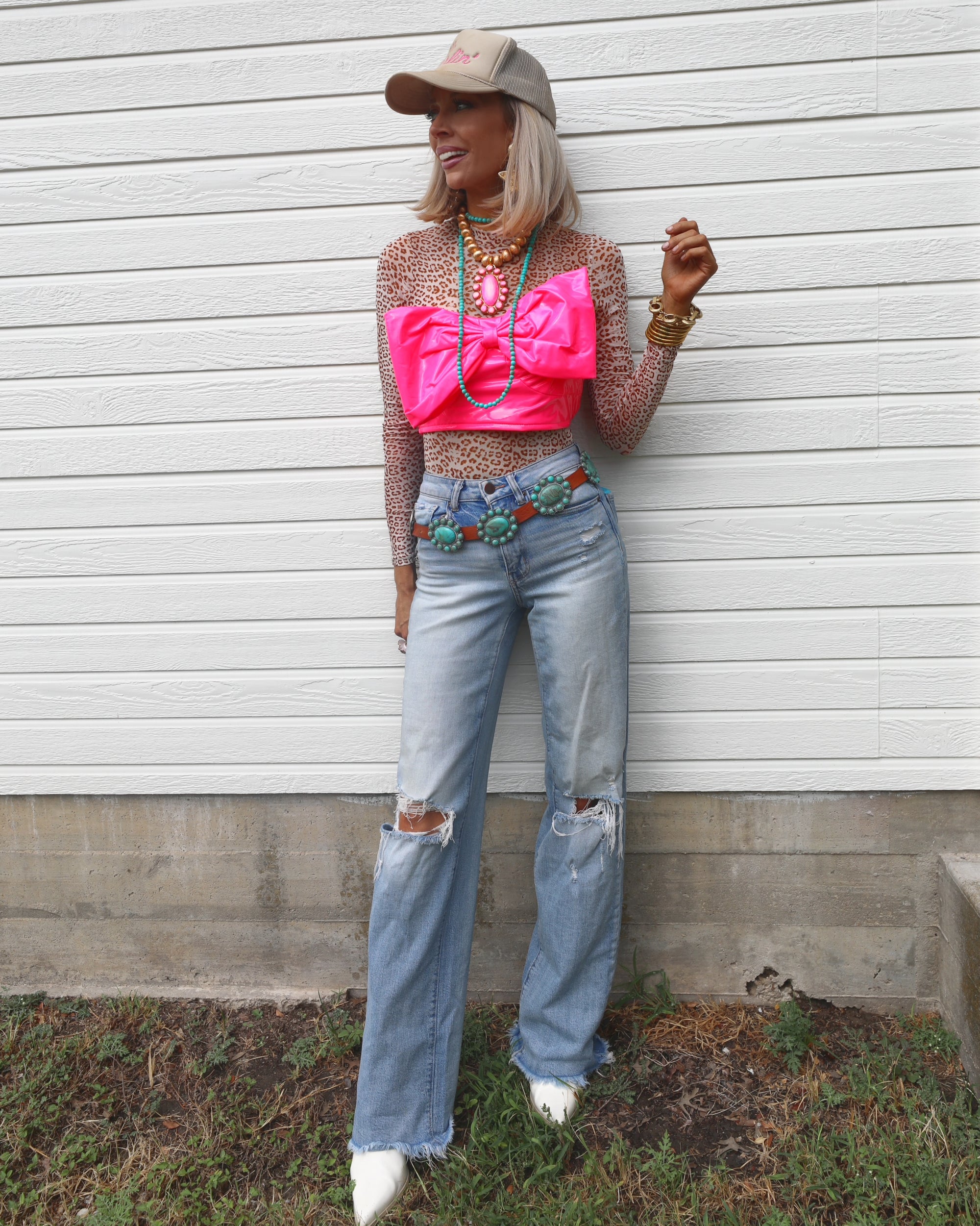Neon Pink Bow Leather Top