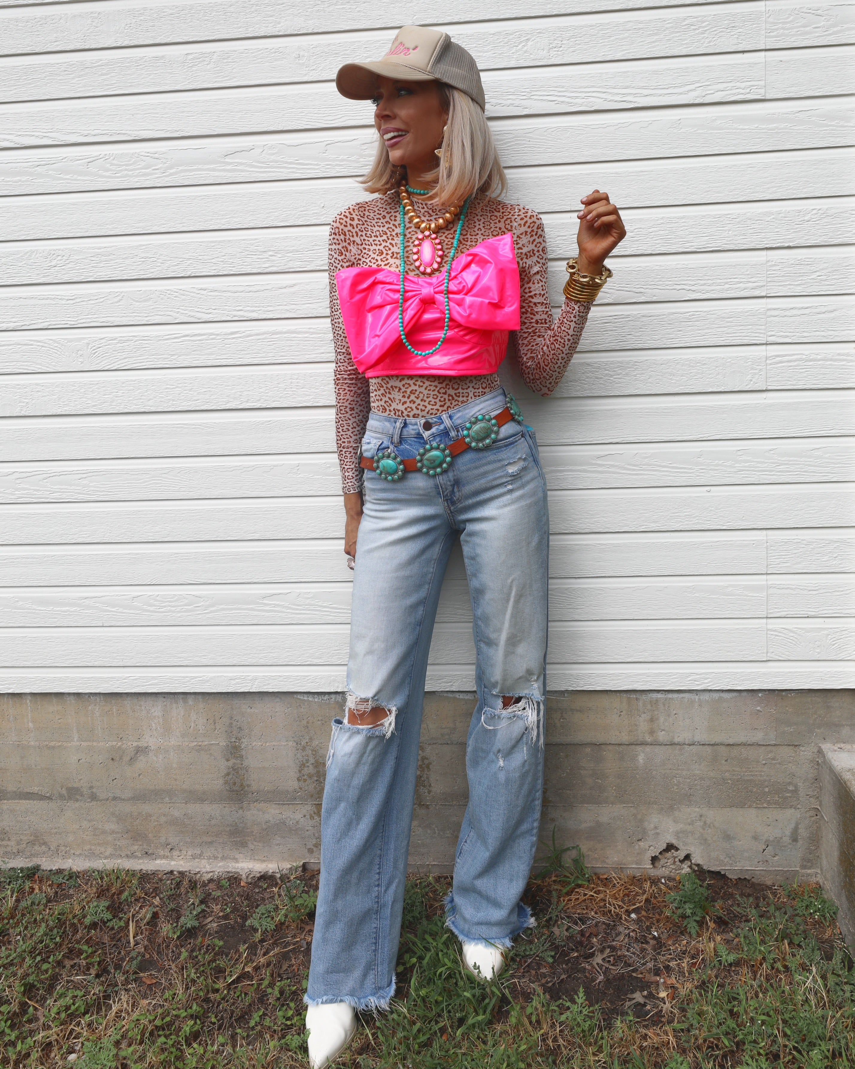 Neon Pink Bow Leather Top