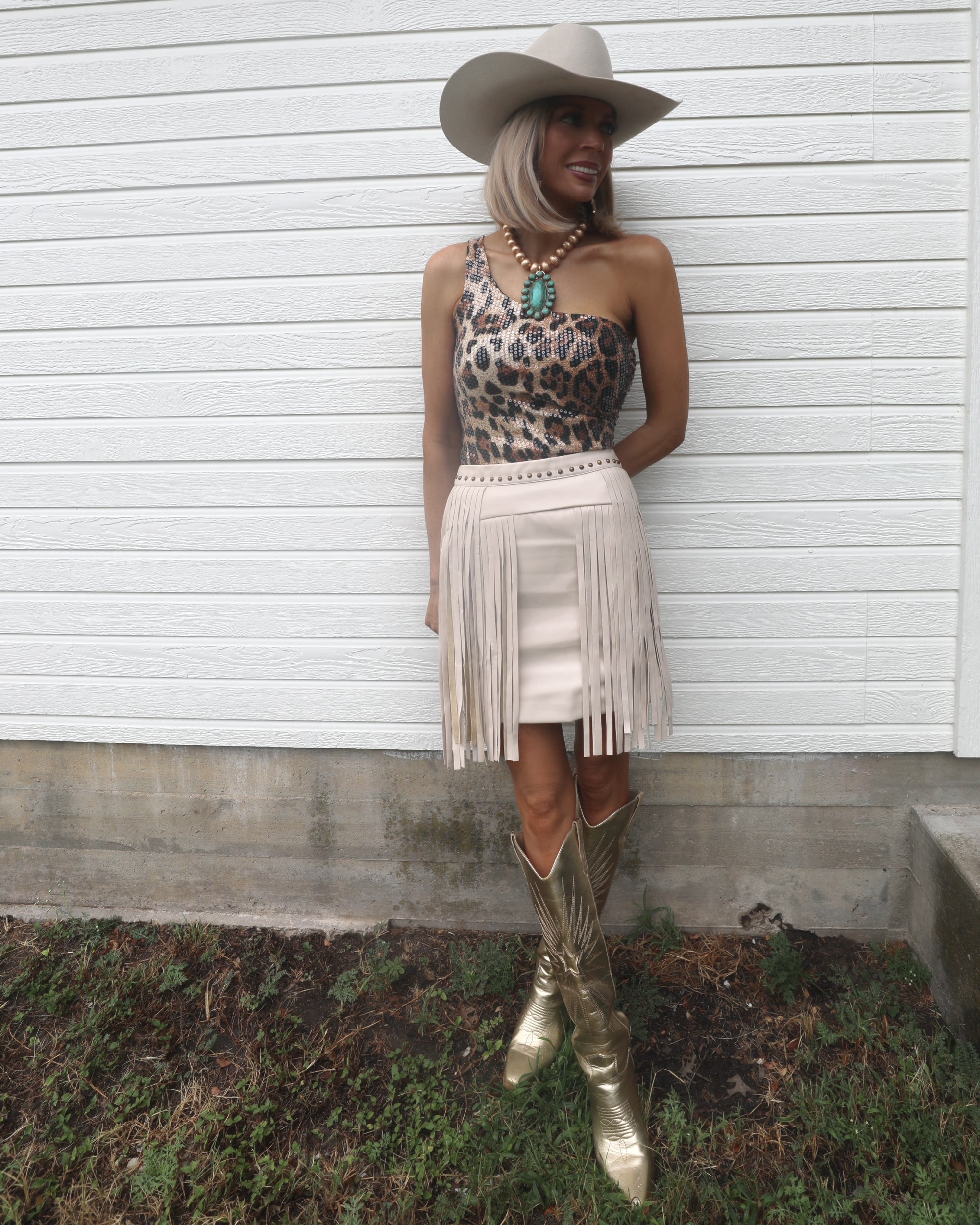 Waneeta Sand Leather Fringe Skirt