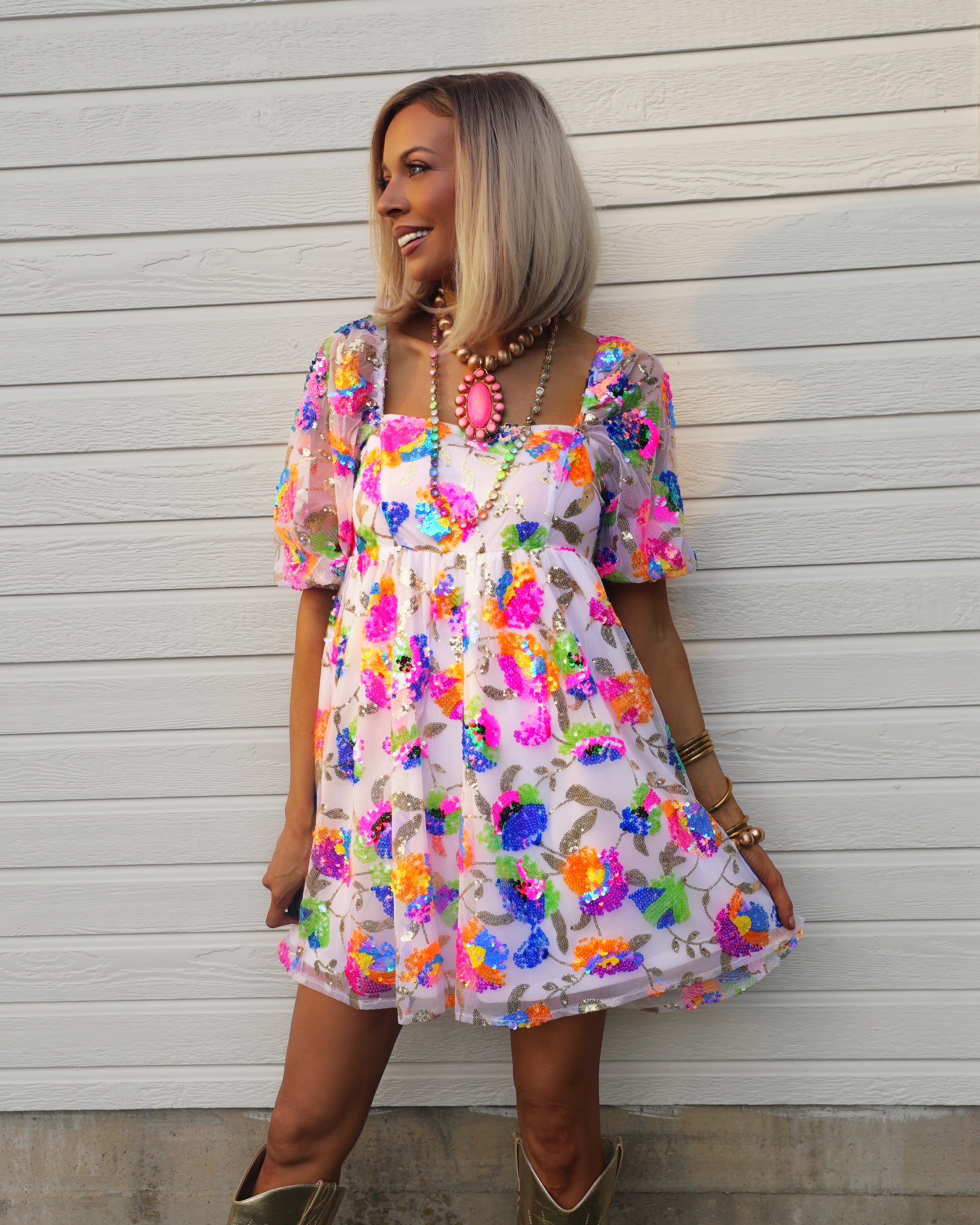 Multi Color Floral Sequin Babydoll Dress