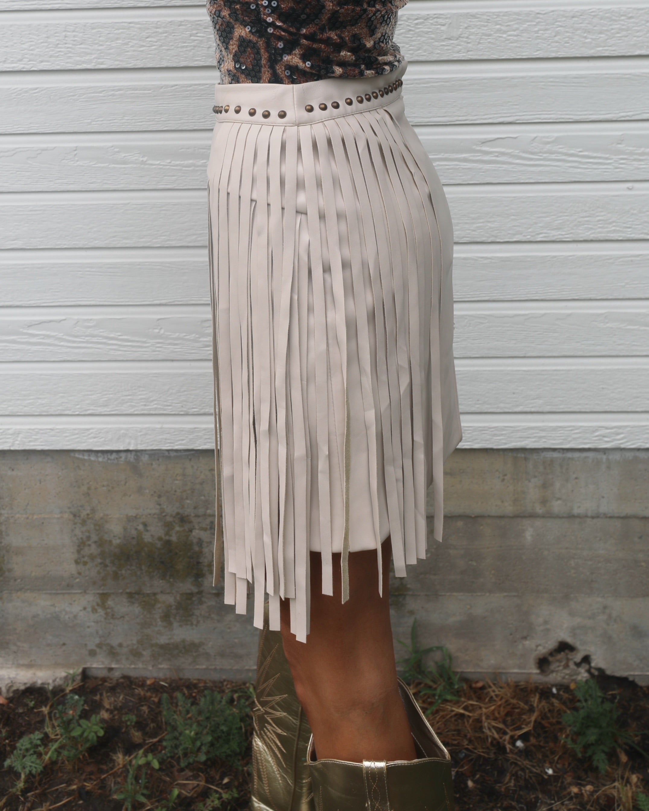 Waneeta Sand Leather Fringe Skirt