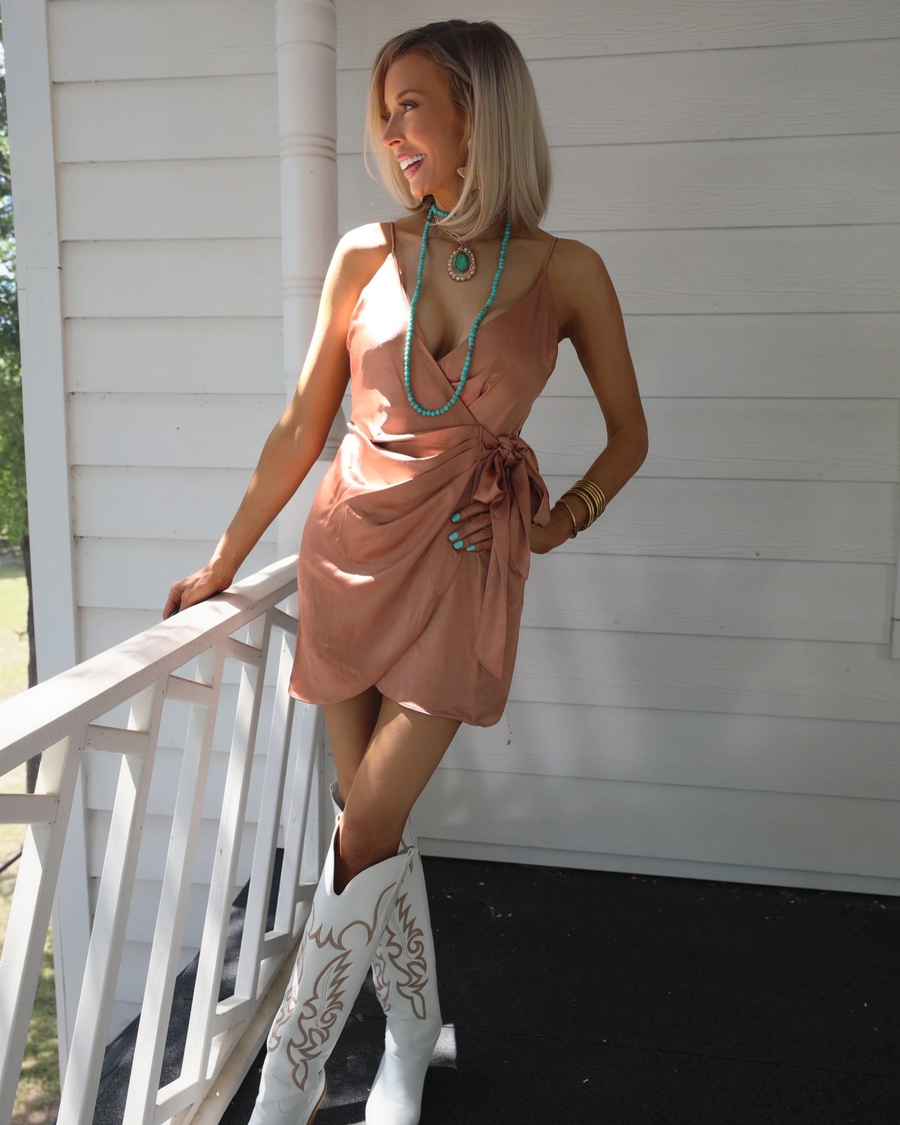 Caden Bronze Wrap Mini Dress