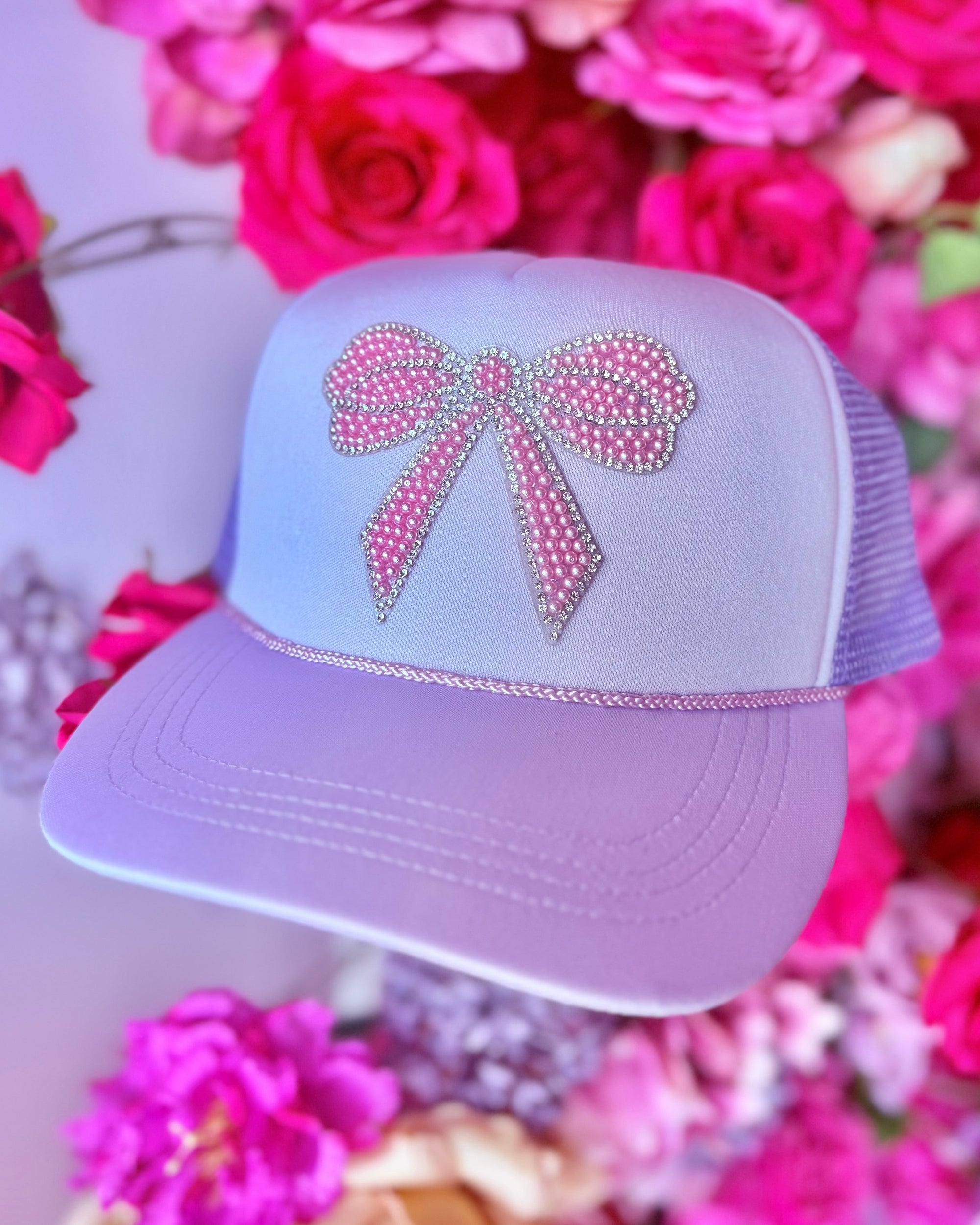 Lavender & Pearls Rhinestone Bow Patch  Trucker Hat