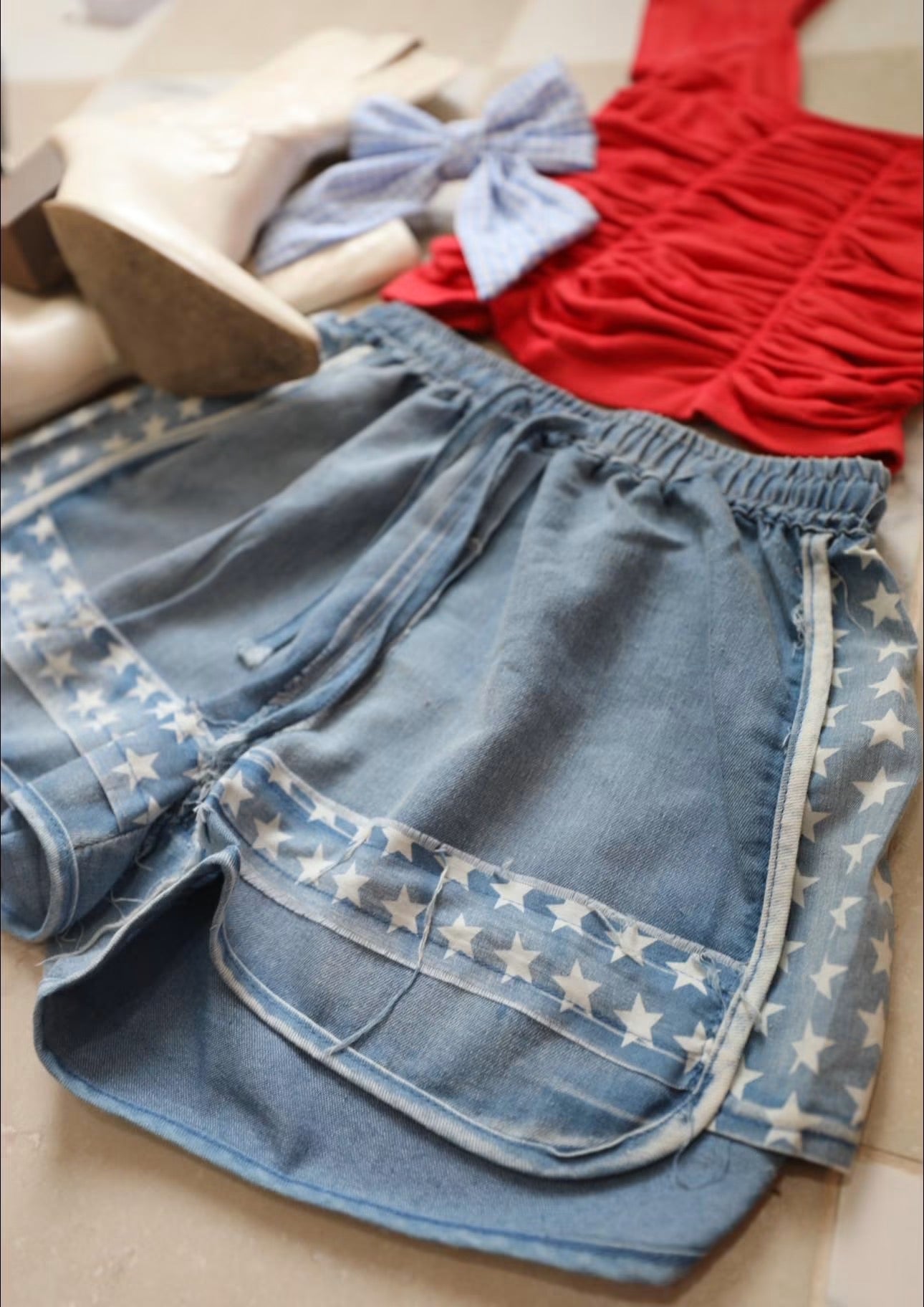Washed Denim Star Short w/ Draw String