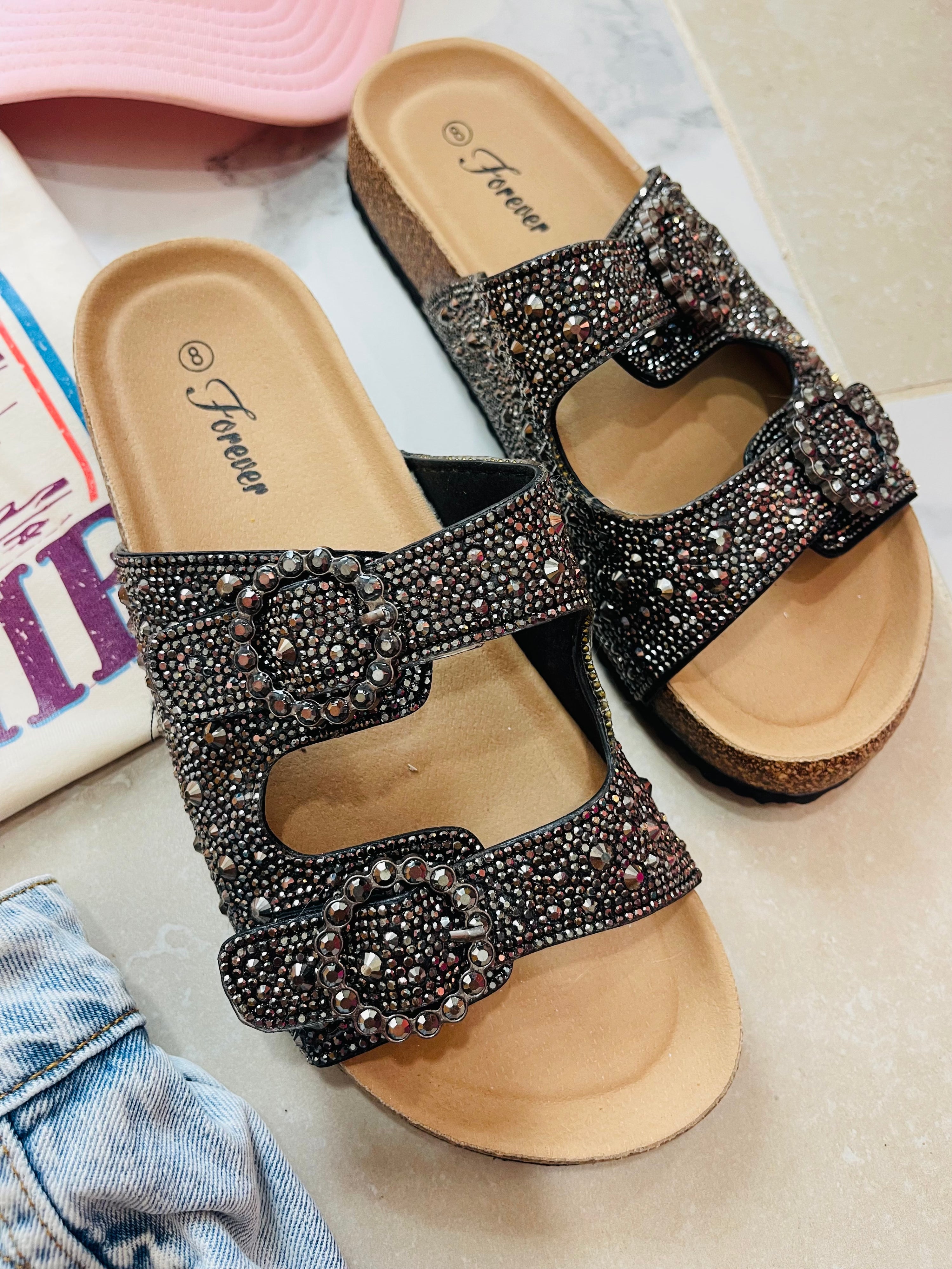 Black Rhinestone Slide Sandals