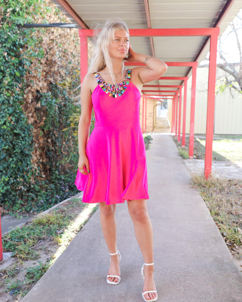 “KC” Fuchsia with Neckline Detail Dress - The Lace Cactus
