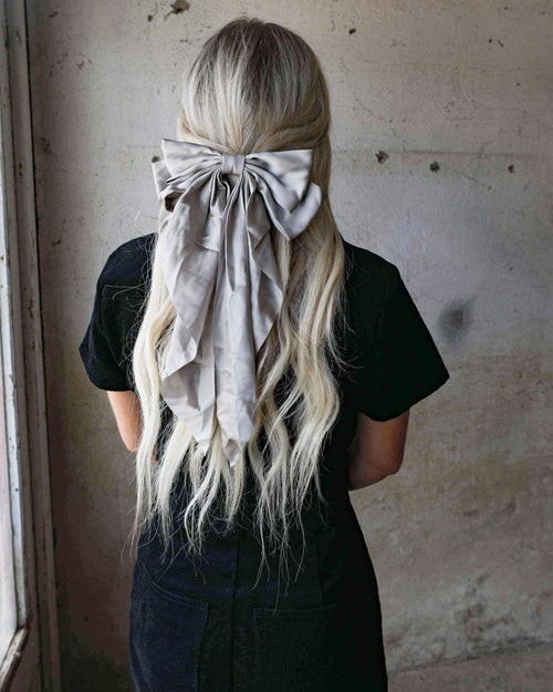 Savvy Silver Satin Hair Bow - The Lace Cactus
