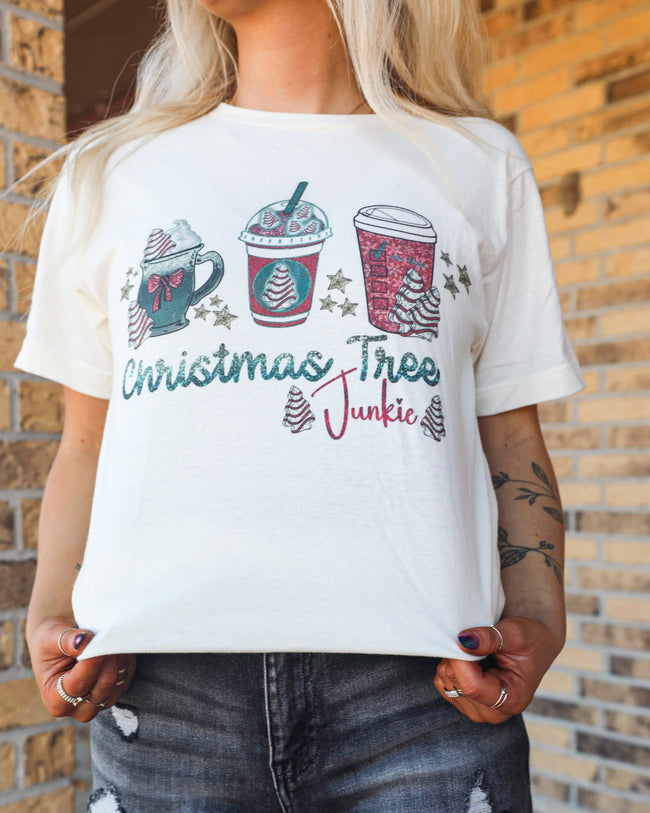 Cream "Christmas Tree Junkie" Graphic Tee - The Lace Cactus