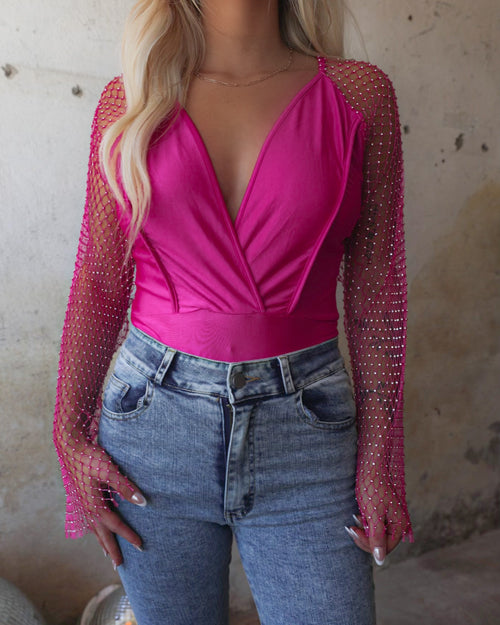 Harlow Hot Pink Rhinestone Sleeve Bodysuit - The Lace Cactus