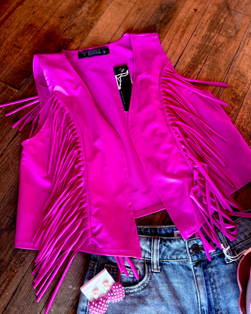 Pink Faux Leather Fringe Vest