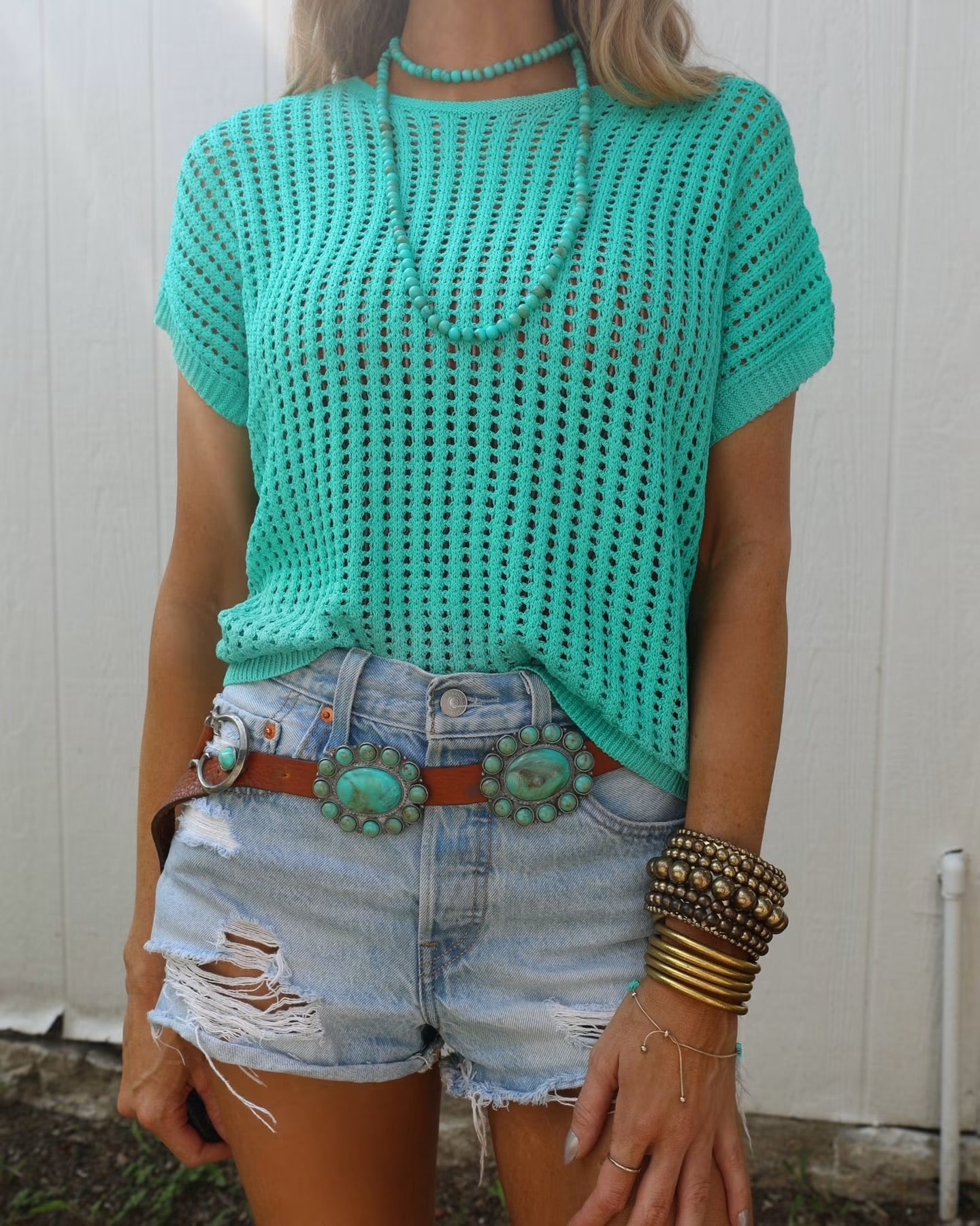 Turquoise Crochet Short Sleeve Top