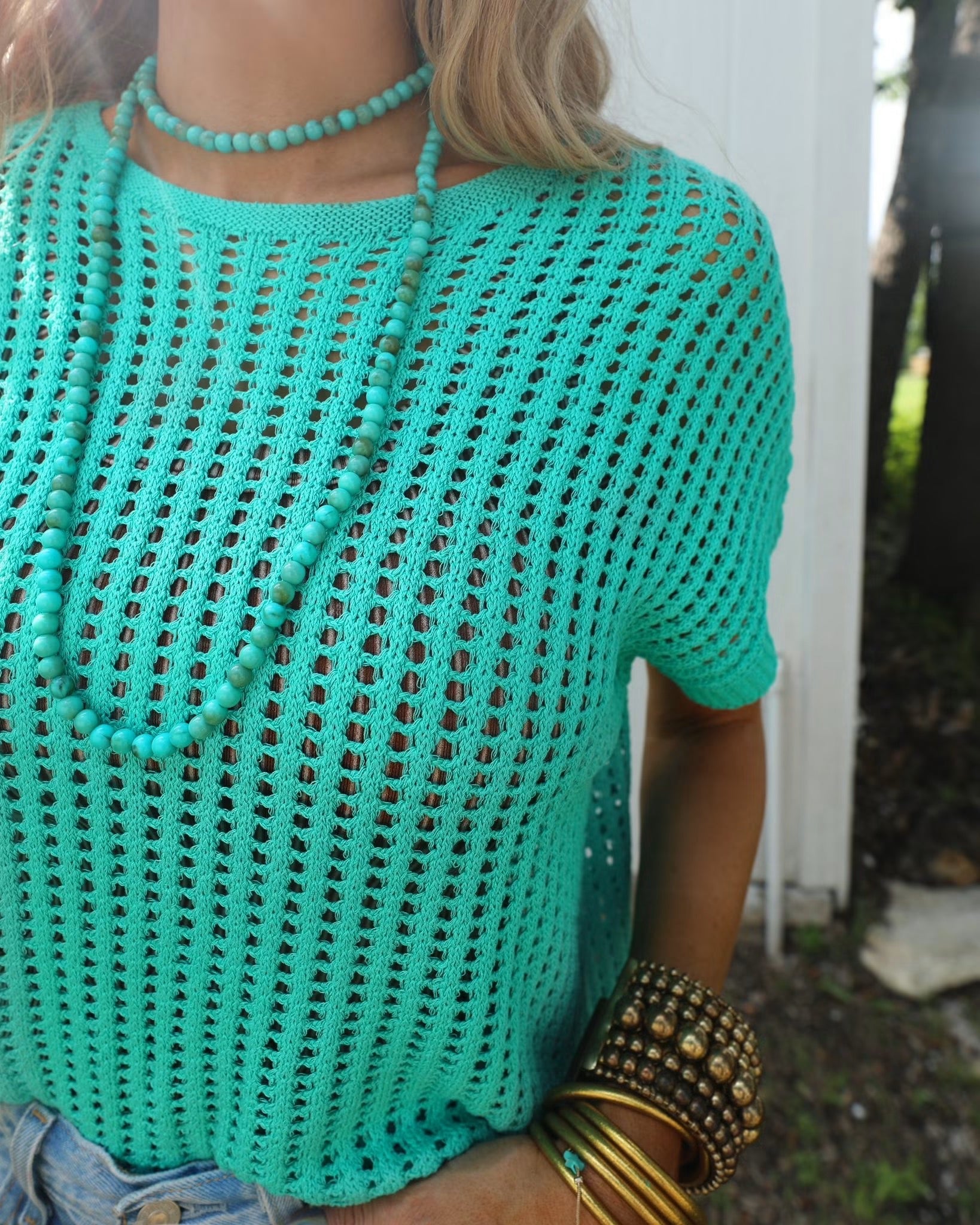 Turquoise Crochet Short Sleeve Top