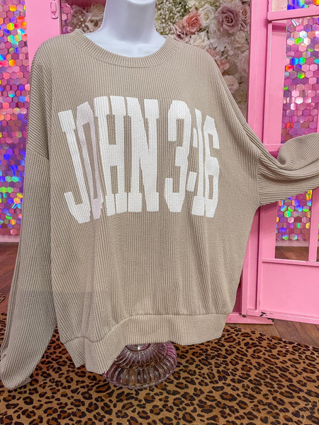 PRE-ORDER Oatmeal "JOHN 3.16" Ribbed Oversized Sweatshirt