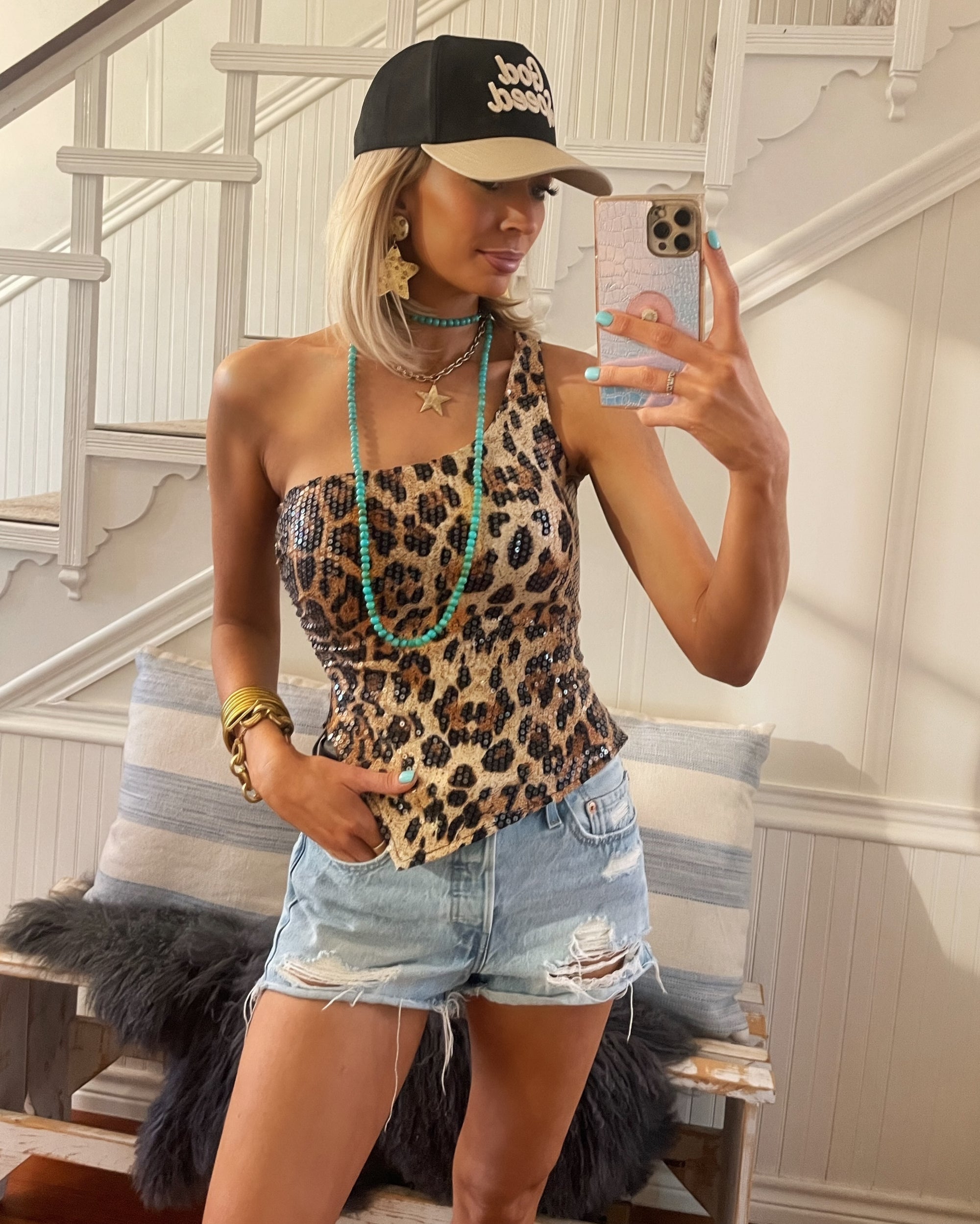 Friday Nights Leopard Sequin One Shoulder Top