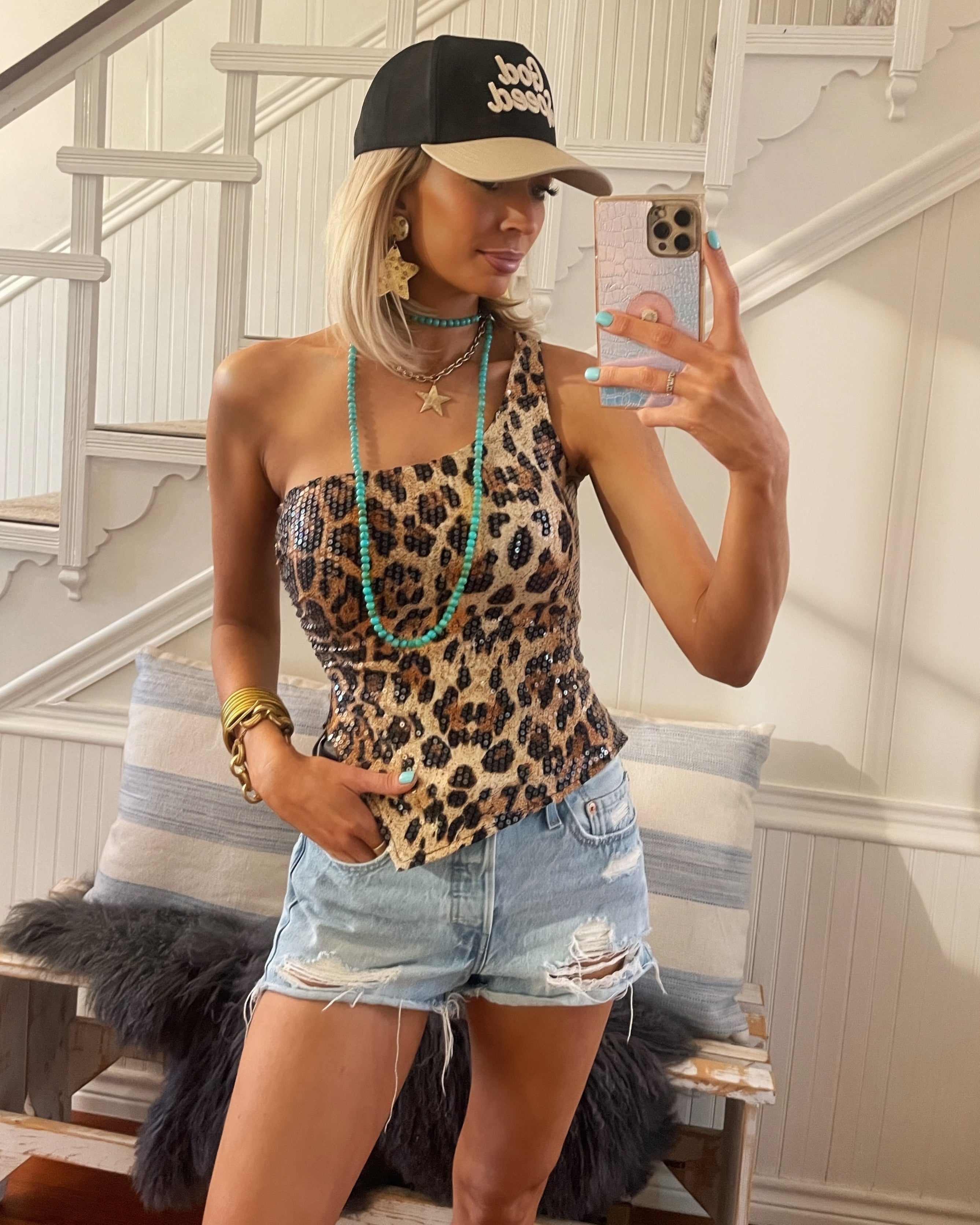Friday Nights Leopard Sequin One Shoulder Top