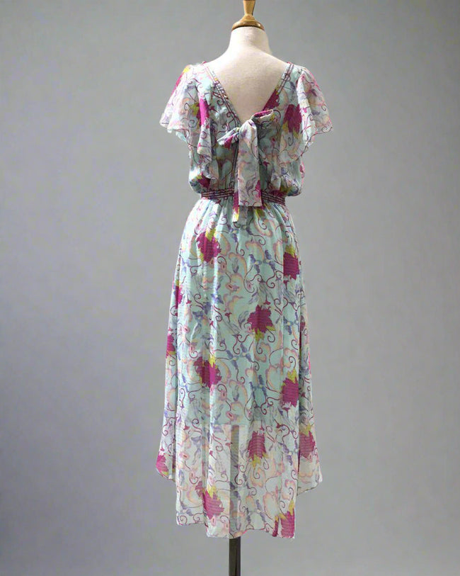 "KC" Colorful Lined Floral Hi-Lo Dress