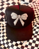 Black & Pearls Rhinestone Bow Patch  Trucker Hat