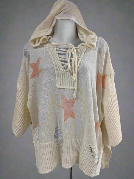 "KC" Ivory Star Distressed Lace-Up Hoodie: Small