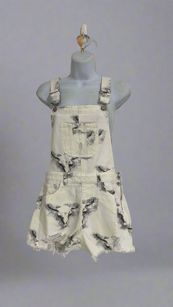 "KC" White Longhorn Print Denim Overall Shorts: Small