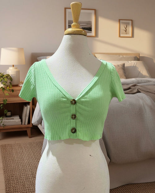 "KC" Light Lime Button Up Crop Top: Small