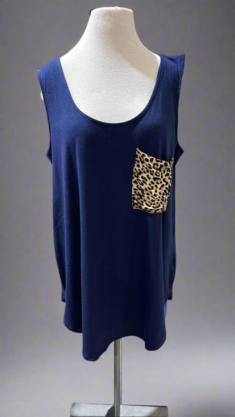 "KC" Navy Leopard Pocket Tank Top: Xlarge