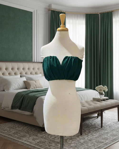 "KC" Hunter Green Chiffon V-Neck Strapless Crop Top: Small