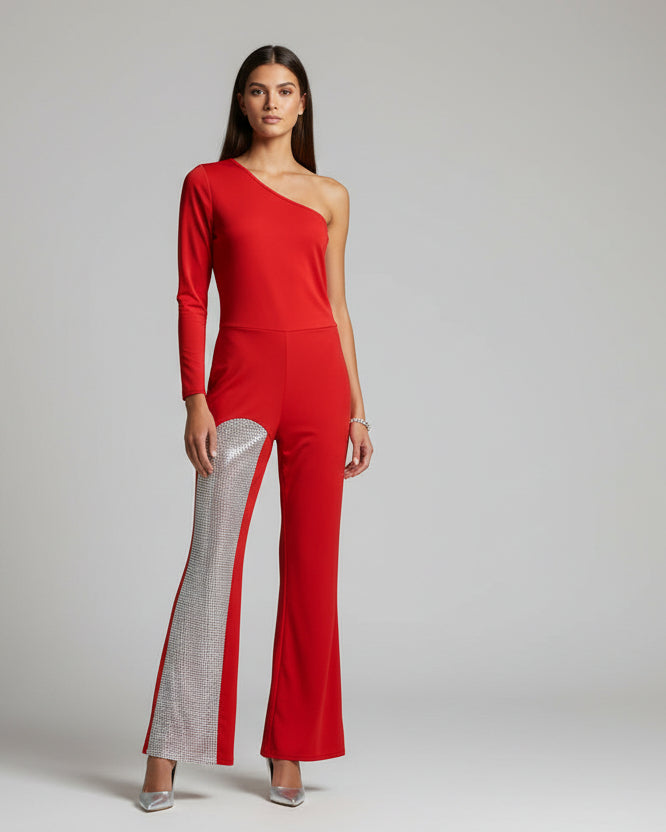 "KC" Red One Shoulder Jumpsuit with Rhinestone Detail : Small