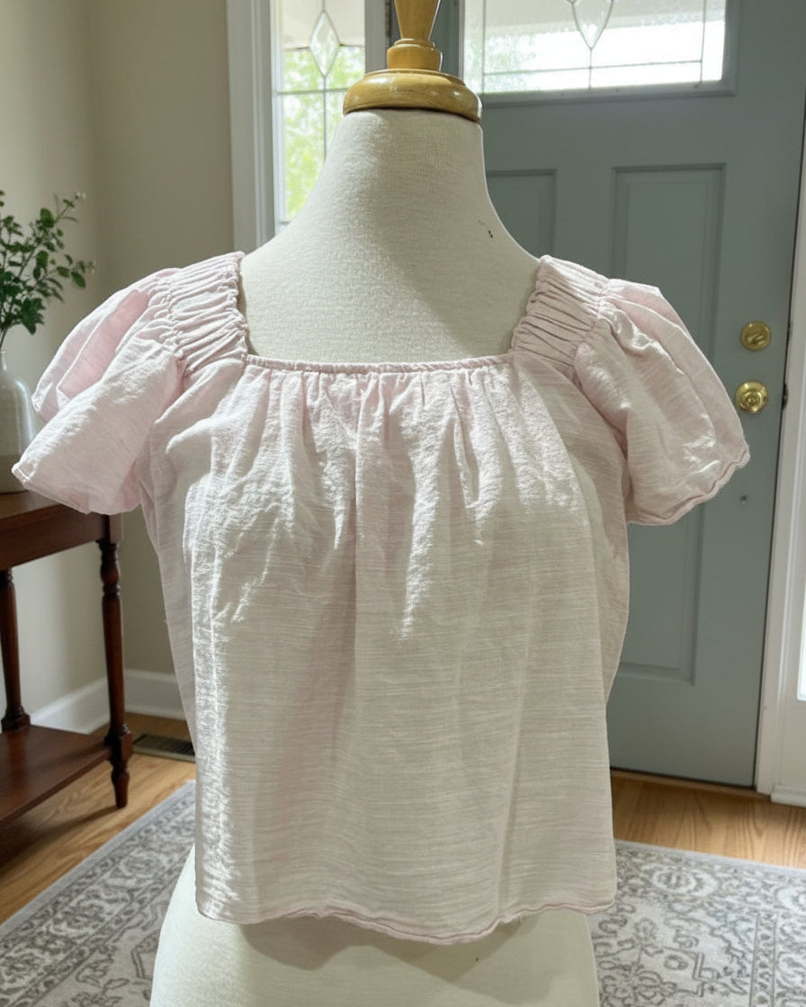 "KC" Pink Linen Flutter Sleeve Crop Top: Small