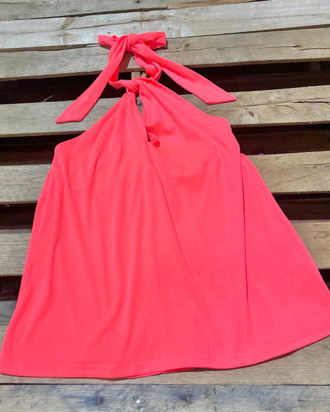 "KC" Neon Coral Peep Front Halter Top (AMOLI) Size: S