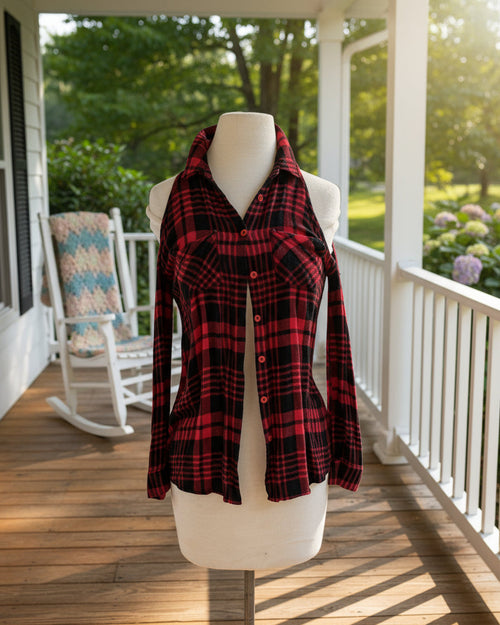 "KC" Red & Black Plaid Flannel Cold Shoulder Top: Small