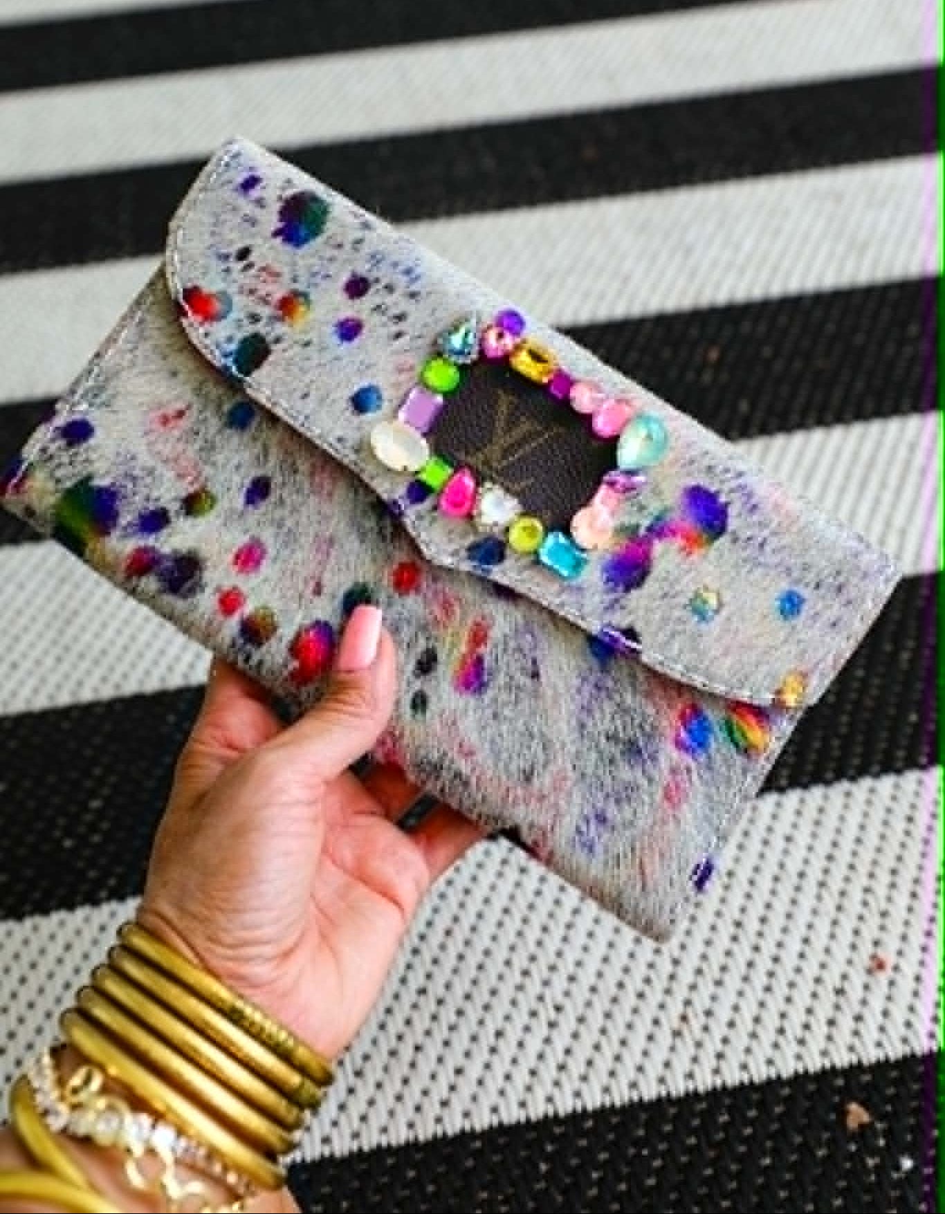 Rainbow + Cowhide Custom "LV" Clutch