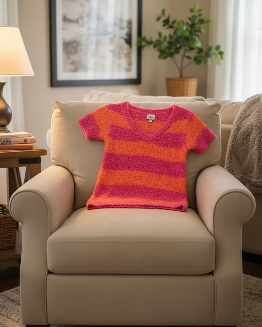 "KC" Justice Pink & Orange Stripe Shaggy Top:Y14