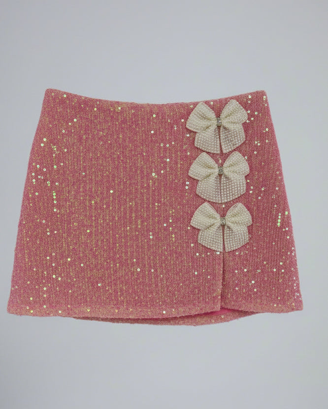 Pearl Bows Glitzy Pink Iridescent Mini Skirt
