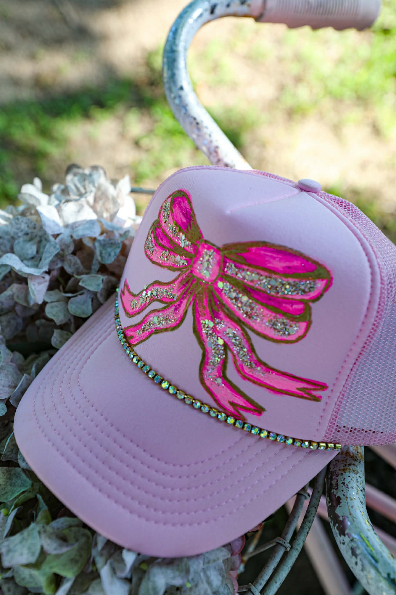 Custom Light Pink Glitter Double Bow Trucker Hat