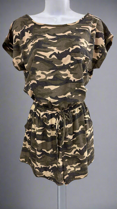 "KC" Olive Camo Back V Romper: Small